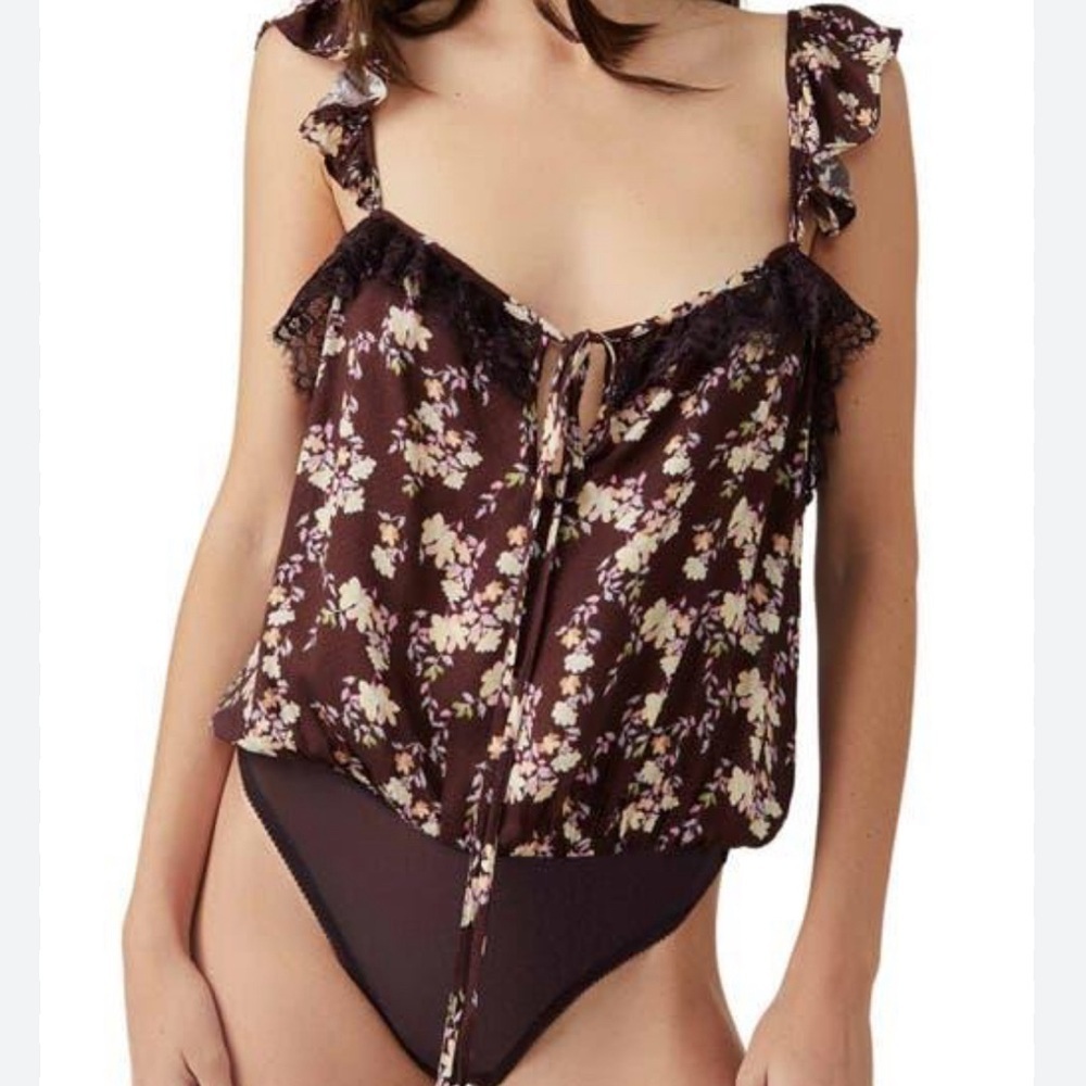 Free People Take it Away Merlot Ruffled Tie Front Bodysuit NWT